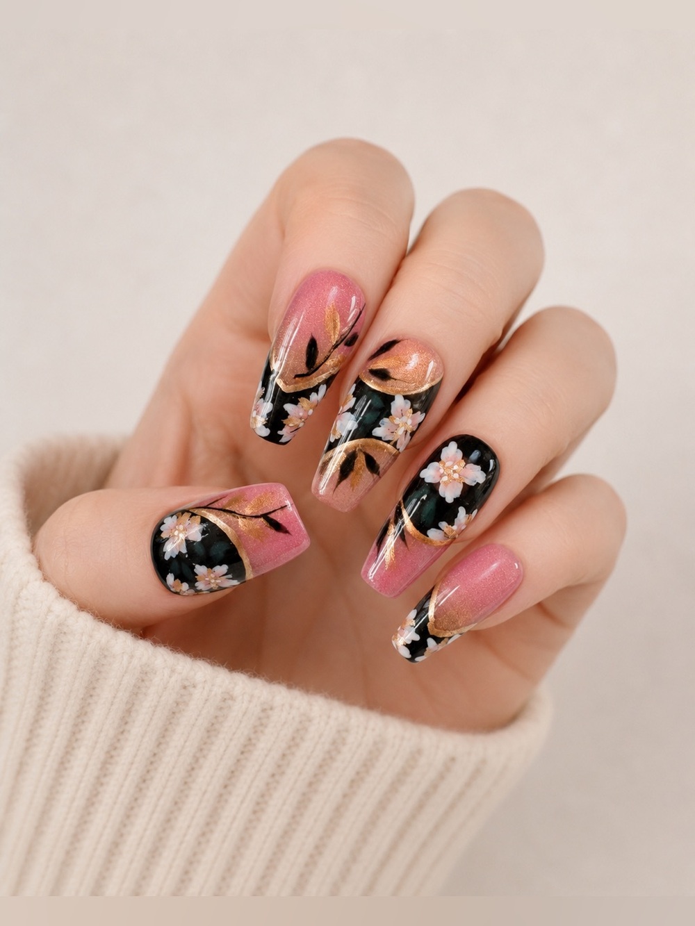 Size S Pink Black Cherry Blossom Press On Nails with Gold Accents